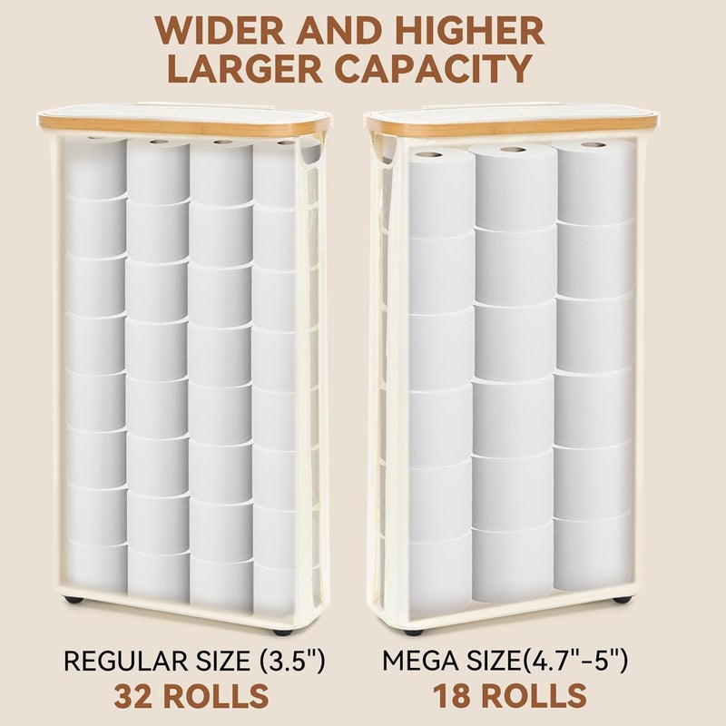 GARPROVM Extra Large Toilet Paper Storage, Slim Free Standing Toilet Roll Storage Basket with Lid See Through Window, Waterproof TP Storage Holder Stand for 24 Regular Rolls or 18 Mega Rolls, Beige - Image 3